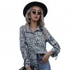 Women Leopard Blouse Long Sleeve with Drawstring Turn-down Collar Button Loose Shirt Fashion Tops