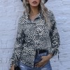 Women Leopard Blouse Long Sleeve with Drawstring Turn-down Collar Button Loose Shirt Fashion Tops