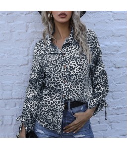 Women Leopard Blouse Long Sleeve with Drawstring Turn-down Collar Button Loose Shirt Fashion Tops