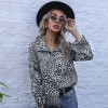 Women Leopard Blouse Long Sleeve with Drawstring Turn-down Collar Button Loose Shirt Fashion Tops