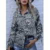 Women Leopard Blouse Long Sleeve with Drawstring Turn-down Collar Button Loose Shirt Fashion Tops