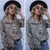 Women Leopard Blouse Long Sleeve with Drawstring Turn-down Collar Button Loose Shirt Fashion Tops