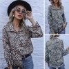 Women Leopard Blouse Long Sleeve with Drawstring Turn-down Collar Button Loose Shirt Fashion Tops