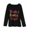 Women T-shirt Thankful Grateful Blessed Contrast Glitter Letters Round Neck Long Sleeve Casual Tops Black