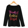 Women T-shirt Thankful Grateful Blessed Contrast Glitter Letters Round Neck Long Sleeve Casual Tops Black