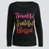 Women T-shirt Thankful Grateful Blessed Contrast Glitter Letters Round Neck Long Sleeve Casual Tops Black