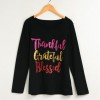 Women T-shirt Thankful Grateful Blessed Contrast Glitter Letters Round Neck Long Sleeve Casual Tops Black