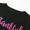 Women T-shirt Thankful Grateful Blessed Contrast Glitter Letters Round Neck Long Sleeve Casual Tops Black