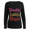 Women T-shirt Thankful Grateful Blessed Contrast Glitter Letters Round Neck Long Sleeve Casual Tops Black