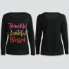 Women T-shirt Thankful Grateful Blessed Contrast Glitter Letters Round Neck Long Sleeve Casual Tops Black