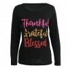 Women T-shirt Thankful Grateful Blessed Contrast Glitter Letters Round Neck Long Sleeve Casual Tops Black