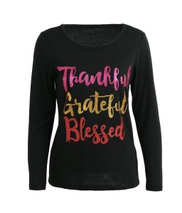 Women T-shirt Thankful Grateful Blessed Contrast Glitter Letters Round Neck Long Sleeve Casual Tops Black