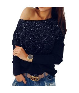 New Fashion Women Velvet Rhinestone Long Sleeve T-Shirt Bling Diamond O Neck Loose T-Shirt Tee Top