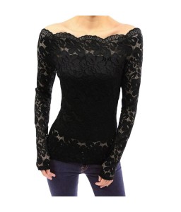 Sexy Women Hollow Out Lace Blouse Off Shoulder Slash Neck Long Sleeves Elegant Ladies Top Shirt