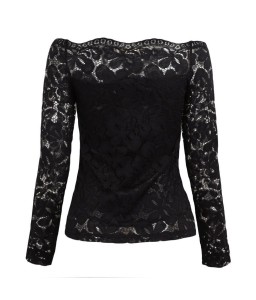 Sexy Women Hollow Out Lace Blouse Off Shoulder Slash Neck Long Sleeves Elegant Ladies Top Shirt