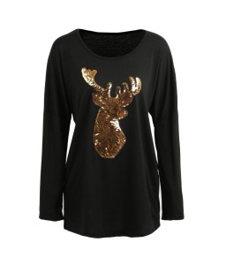 Autumn Winter Women Blouse Long Sleeves Sparkling Sequin Deer Casual Loose Christmas Top Pullover