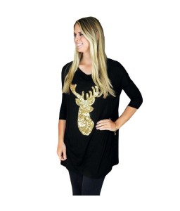 Autumn Winter Women Blouse Long Sleeves Sparkling Sequin Deer Casual Loose Christmas Top Pullover