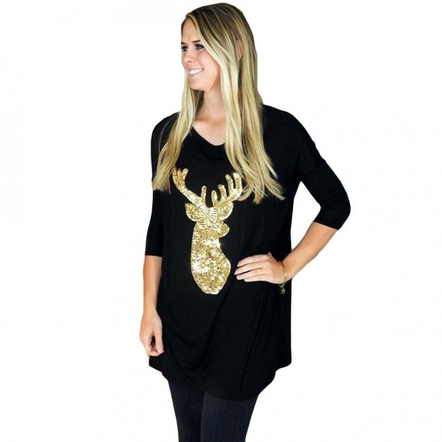 Autumn Winter Women Blouse Long Sleeves Sparkling Sequin Deer Casual Loose Christmas Top Pullover