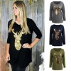 Autumn Winter Women Blouse Long Sleeves Sparkling Sequin Deer Casual Loose Christmas Top Pullover