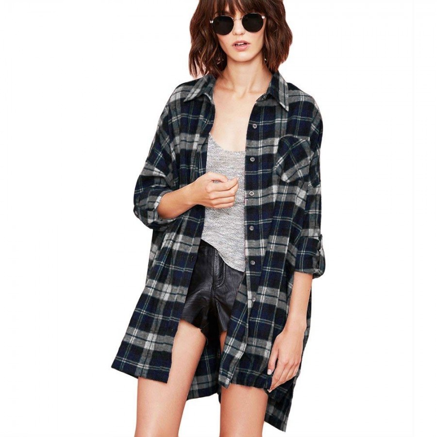 New Autumn Women Oversized Plaid Tartan Shirt Buttons Pocket Turn-down Collar Long Sleeve Baggy Check Blouse Tee Shirt