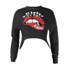 Women Red Lips T-Shirt Print Letter Sexy Crop Top O-Neck Long Sleeves Casual Tee Top Black/White