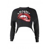 Women Red Lips T-Shirt Print Letter Sexy Crop Top O-Neck Long Sleeves Casual Tee Top Black/White