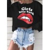 Women Red Lips T-Shirt Print Letter Sexy Crop Top O-Neck Long Sleeves Casual Tee Top Black/White