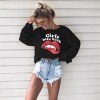 Women Red Lips T-Shirt Print Letter Sexy Crop Top O-Neck Long Sleeves Casual Tee Top Black/White