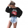 Women Red Lips T-Shirt Print Letter Sexy Crop Top O-Neck Long Sleeves Casual Tee Top Black/White