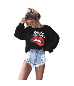 Women Red Lips T-Shirt Print Letter Sexy Crop Top O-Neck Long Sleeves Casual Tee Top Black/White