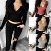 New Sexy Women Crop Top Deep V Long Sleeves Solid Color Cropped Top Tees Pullovers T-shirt