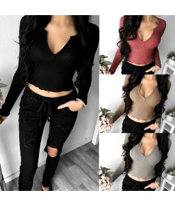 New Sexy Women Crop Top Deep V Long Sleeves Solid Color Cropped Top Tees Pullovers T-shirt