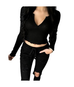 New Sexy Women Crop Top Deep V Long Sleeves Solid Color Cropped Top Tees Pullovers T-shirt