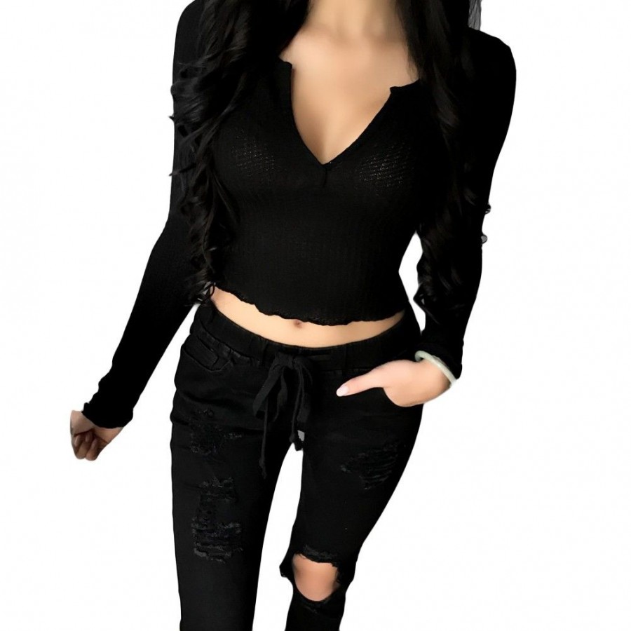 New Sexy Women Crop Top Deep V Long Sleeves Solid Color Cropped Top Tees Pullovers T-shirt