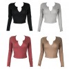 New Sexy Women Crop Top Deep V Long Sleeves Solid Color Cropped Top Tees Pullovers T-shirt