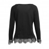 New Fashion Sexy Women Deep V Neck Long Sleeve T-Shirt Eyelash Lace Splice Casual Loose Top Tee Black