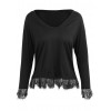 New Fashion Sexy Women Deep V Neck Long Sleeve T-Shirt Eyelash Lace Splice Casual Loose Top Tee Black