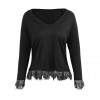 New Fashion Sexy Women Deep V Neck Long Sleeve T-Shirt Eyelash Lace Splice Casual Loose Top Tee Black