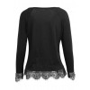 New Fashion Sexy Women Deep V Neck Long Sleeve T-Shirt Eyelash Lace Splice Casual Loose Top Tee Black