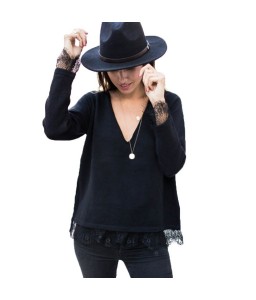 New Fashion Sexy Women Deep V Neck Long Sleeve T-Shirt Eyelash Lace Splice Casual Loose Top Tee Black