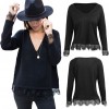 New Fashion Sexy Women Deep V Neck Long Sleeve T-Shirt Eyelash Lace Splice Casual Loose Top Tee Black