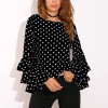 Women Polka Dot Ruffle Blouse Top Long Sleeves O-Neck Elegant Casual Shirt Black