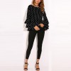 Women Polka Dot Ruffle Blouse Top Long Sleeves O-Neck Elegant Casual Shirt Black