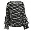 Women Polka Dot Ruffle Blouse Top Long Sleeves O-Neck Elegant Casual Shirt Black