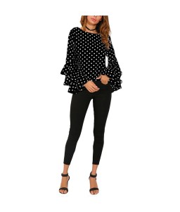 Women Polka Dot Ruffle Blouse Top Long Sleeves O-Neck Elegant Casual Shirt Black