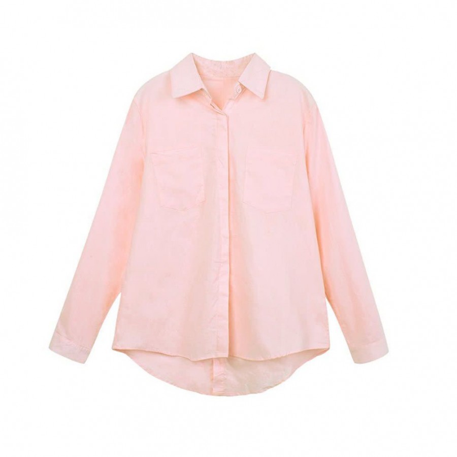 New Fashion Women Loose Shirt Solid Turn-Down Collar Long Sleeve Pocket Casual Blouse Tops White/Pink