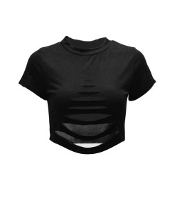 Sexy Women Ripped Holes Crop Top Hollow Out T-Shirt Short Sleeves Cropped Top Shirt Black/White/Pink