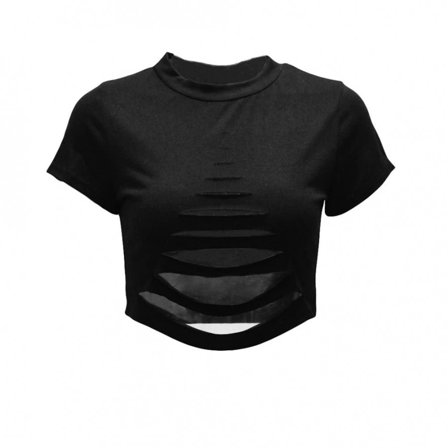 Sexy Women Ripped Holes Crop Top Hollow Out T-Shirt Short Sleeves Cropped Top Shirt Black/White/Pink