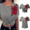 New Fashion Women Striped T-Shirt Floral Embroidery Short Sleeve Casual Blouse Tee Sexy Crop Top Black