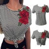 New Fashion Women Striped T-Shirt Floral Embroidery Short Sleeve Casual Blouse Tee Sexy Crop Top Black